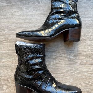 Yves Saint Laurent Glossy Black Croc-Embossed Boots
